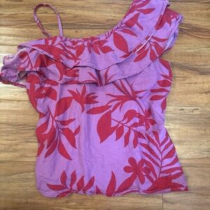 Floral One-Shoulder Top - Red and Purple